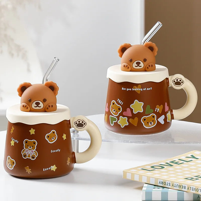 Tasse en Céramique Ours Kawaii avec Couvercle – Grande Capacité pour Café, Lait et Petit-Déjeuner