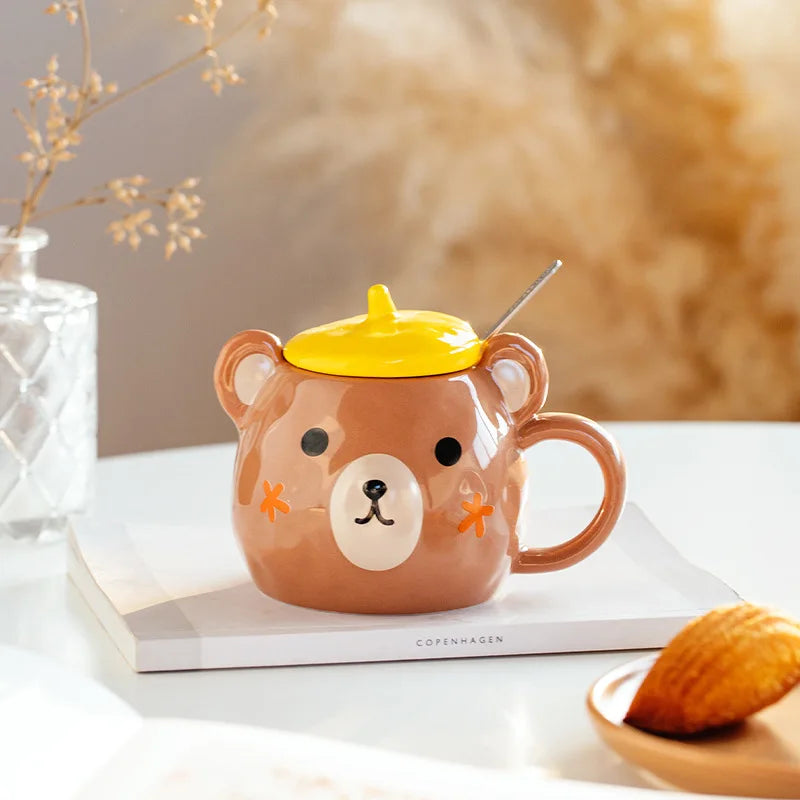 Tasse Bear Cartoon en Céramique – Kawaii avec Couvercle & Cuillère | Cadeau Parfait pour Amoureux et Famille