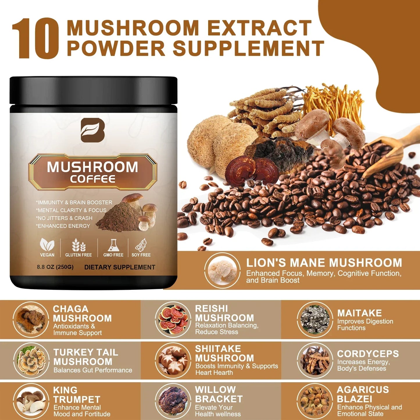 Café aux Champignons 10-en-1 – Superfood Naturelle Sans Caféine + Cuillère Inox Offerte