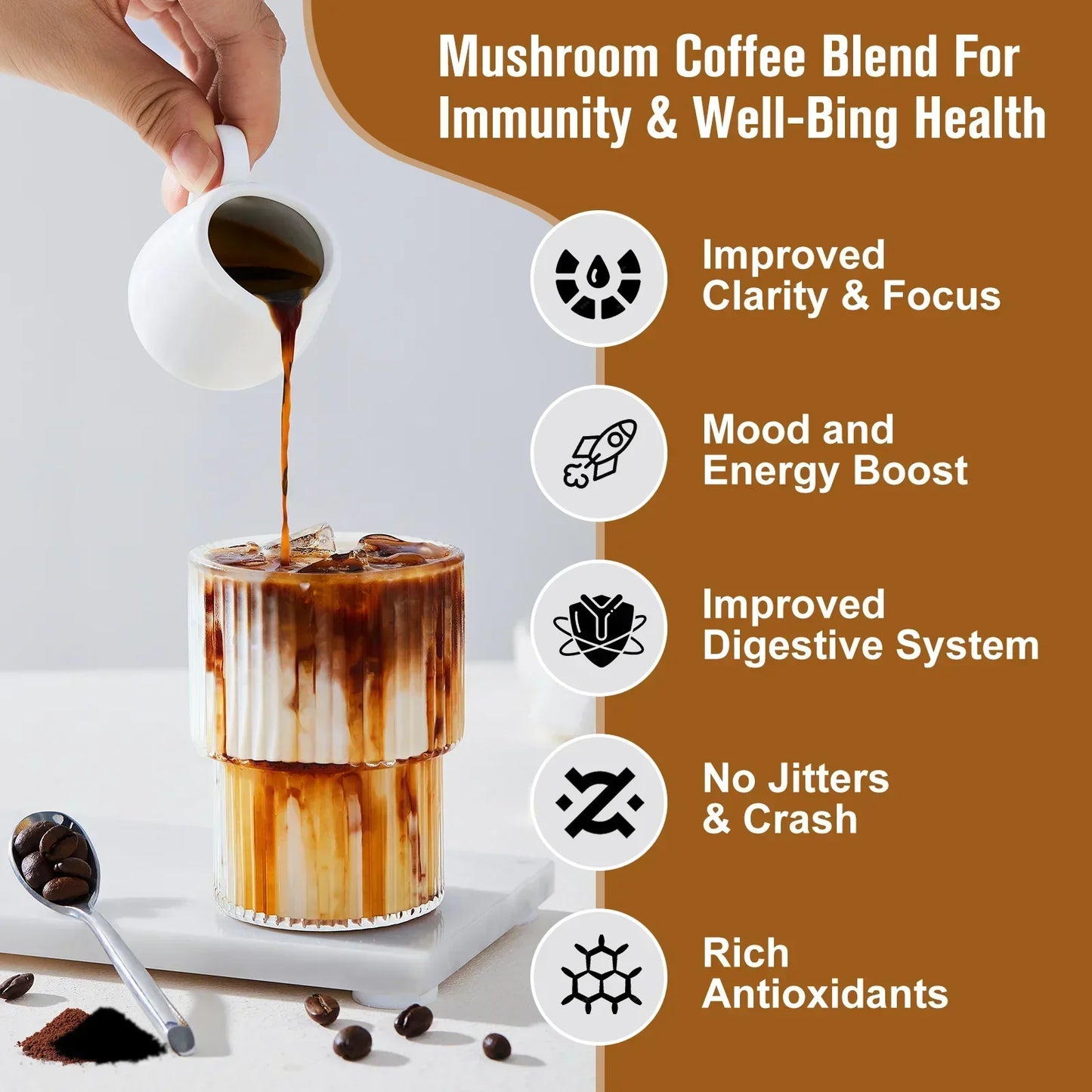 Café aux Champignons 10-en-1 – Superfood Naturelle Sans Caféine + Cuillère Inox Offerte