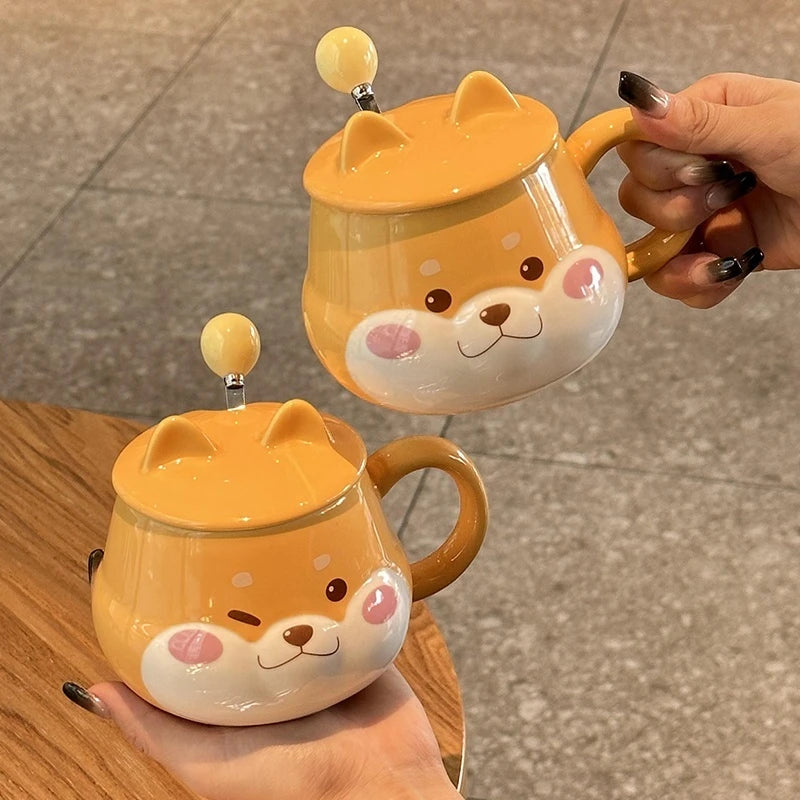 Tasse en Céramique avec Modèle Chien Cartoon – Avec Couvercle et Cuillère | Cadeau Original & Stylé