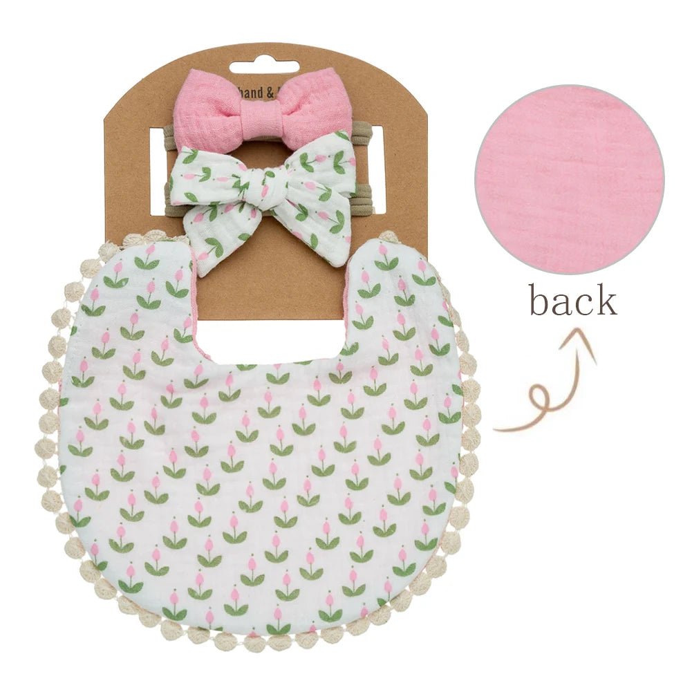 Ensemble 3 pièces – Bavoirs & Bandeaux Fleurs pour Bébé | Élégance & Confort au Quotidien