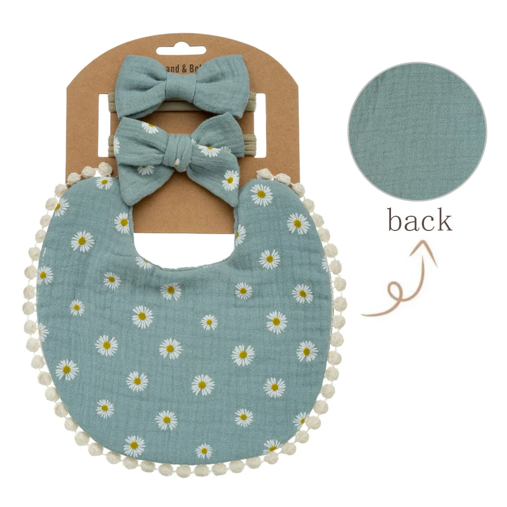 Ensemble 3 pièces – Bavoirs & Bandeaux Fleurs pour Bébé | Élégance & Confort au Quotidien