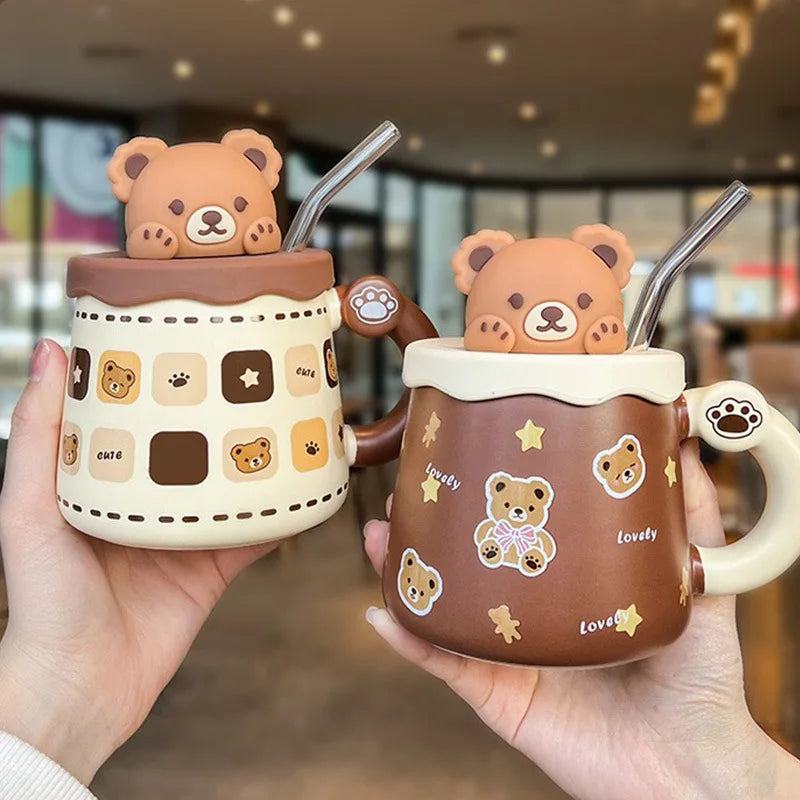 Tasse en Céramique Ours Kawaii avec Couvercle – Grande Capacité pour Café, Lait et Petit-Déjeuner