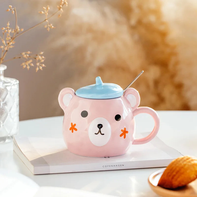 Tasse Bear Cartoon en Céramique – Kawaii avec Couvercle & Cuillère | Cadeau Parfait pour Amoureux et Famille