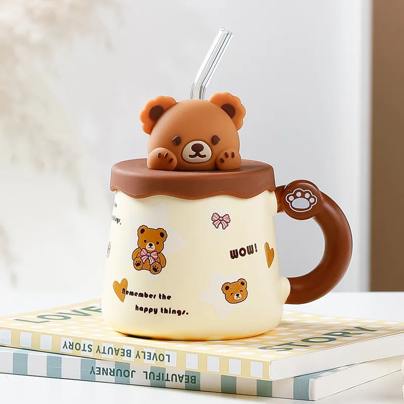 Tasse en Céramique Ours Kawaii avec Couvercle – Grande Capacité pour Café, Lait et Petit-Déjeuner