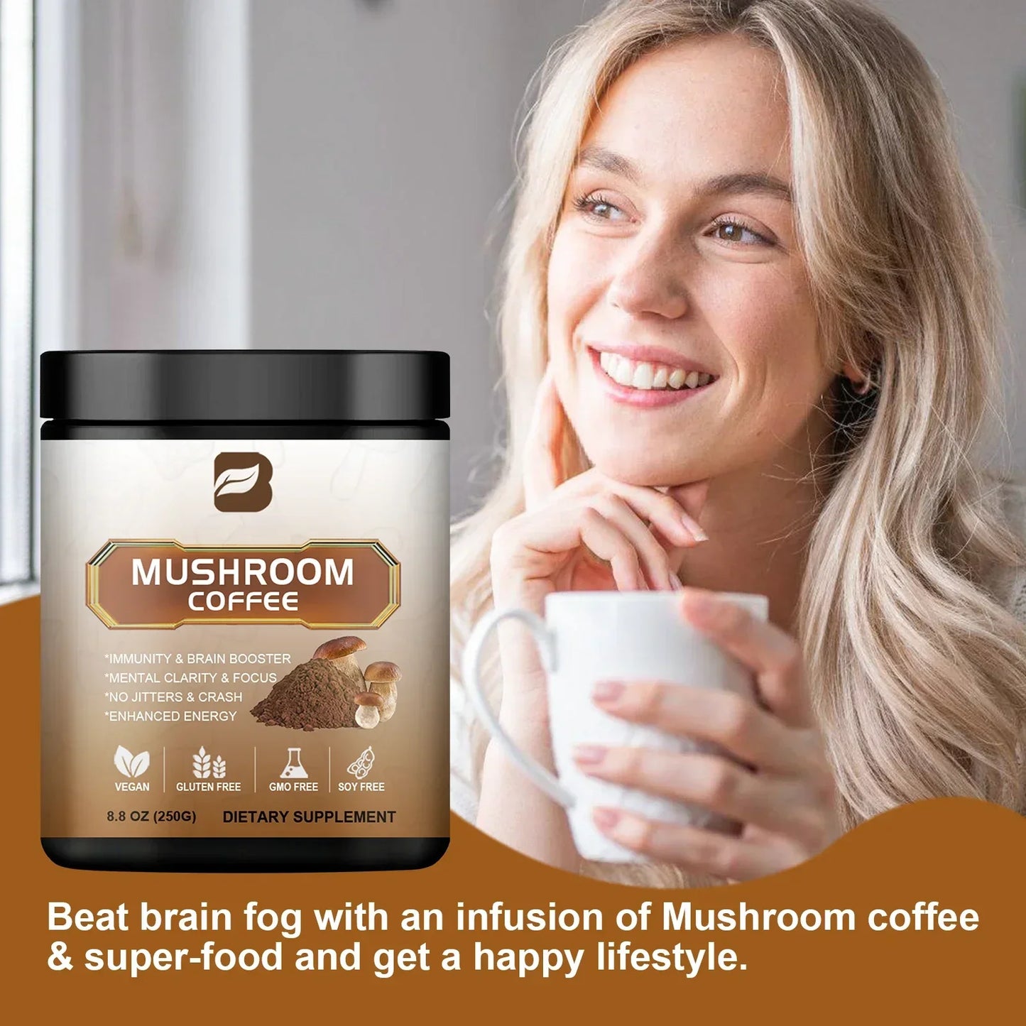 Café aux Champignons 10-en-1 – Superfood Naturelle Sans Caféine + Cuillère Inox Offerte