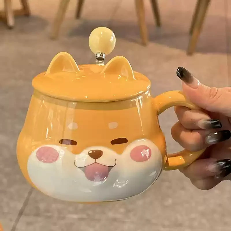 Tasse en Céramique avec Modèle Chien Cartoon – Avec Couvercle et Cuillère | Cadeau Original & Stylé