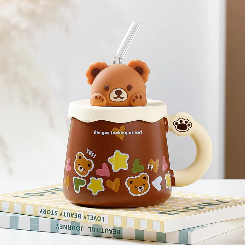 Tasse en Céramique Ours Kawaii avec Couvercle – Grande Capacité pour Café, Lait et Petit-Déjeuner