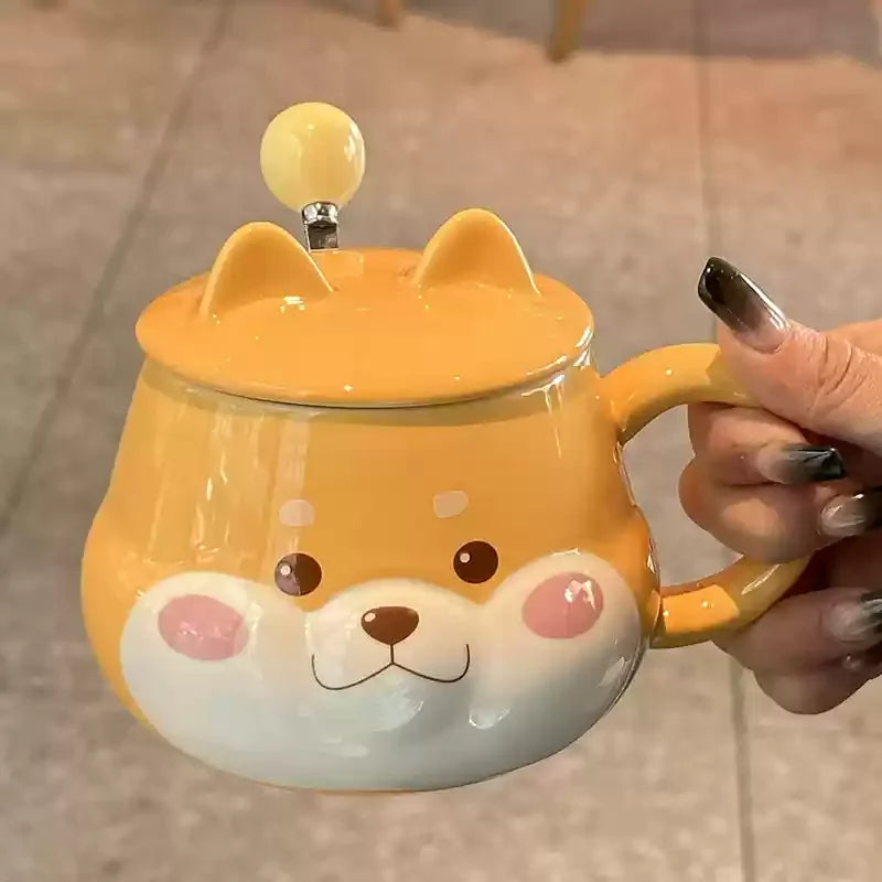 Tasse en Céramique avec Modèle Chien Cartoon – Avec Couvercle et Cuillère | Cadeau Original & Stylé