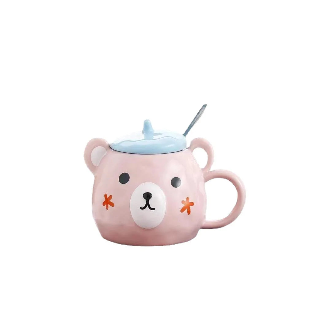 Tasse Bear Cartoon en Céramique – Kawaii avec Couvercle & Cuillère | Cadeau Parfait pour Amoureux et Famille