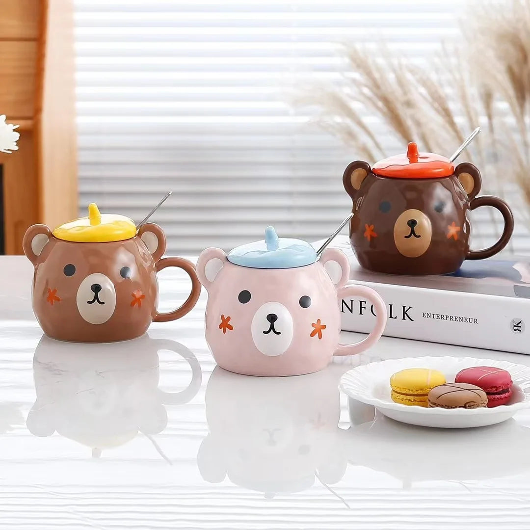 Tasse Bear Cartoon en Céramique – Kawaii avec Couvercle & Cuillère | Cadeau Parfait pour Amoureux et Famille