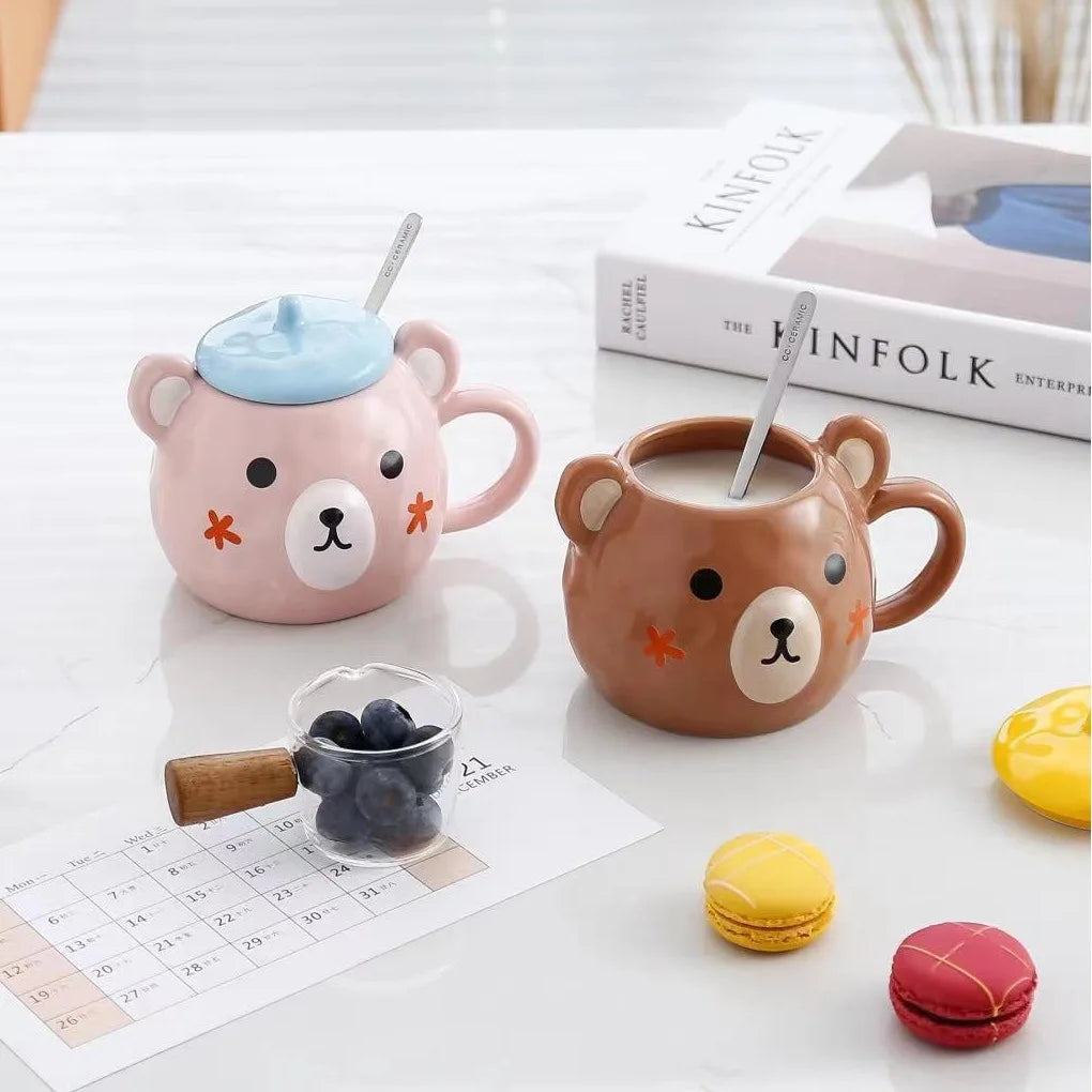 Tasse Bear Cartoon en Céramique – Kawaii avec Couvercle & Cuillère | Cadeau Parfait pour Amoureux et Famille