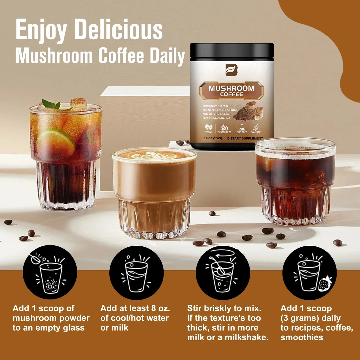 Café aux Champignons 10-en-1 – Superfood Naturelle Sans Caféine + Cuillère Inox Offerte