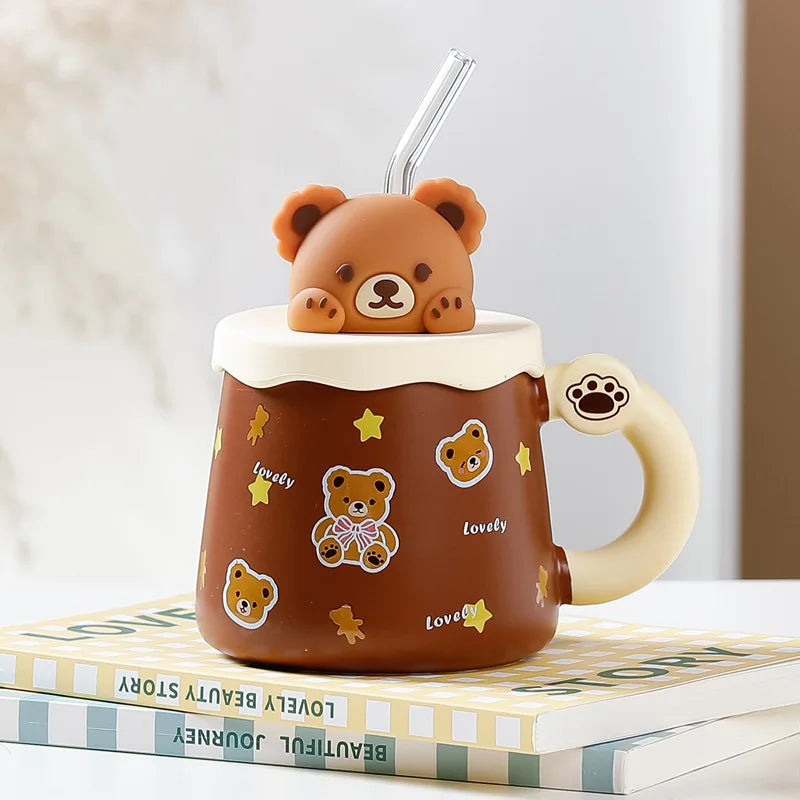Tasse en Céramique Ours Kawaii avec Couvercle – Grande Capacité pour Café, Lait et Petit-Déjeuner
