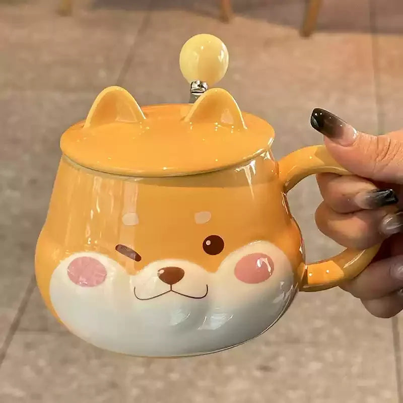 Tasse en Céramique avec Modèle Chien Cartoon – Avec Couvercle et Cuillère | Cadeau Original & Stylé