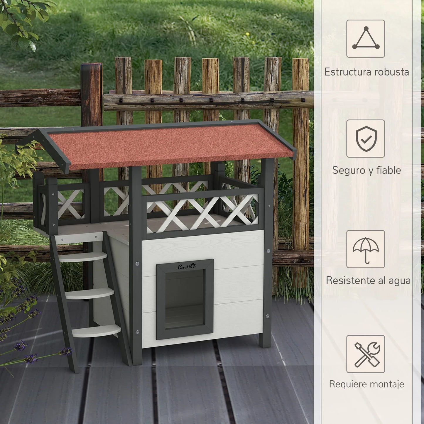 Maison en Bois PawHut pour Chat avec Toit Asphalté et Échelle - 77x50x73 cm
