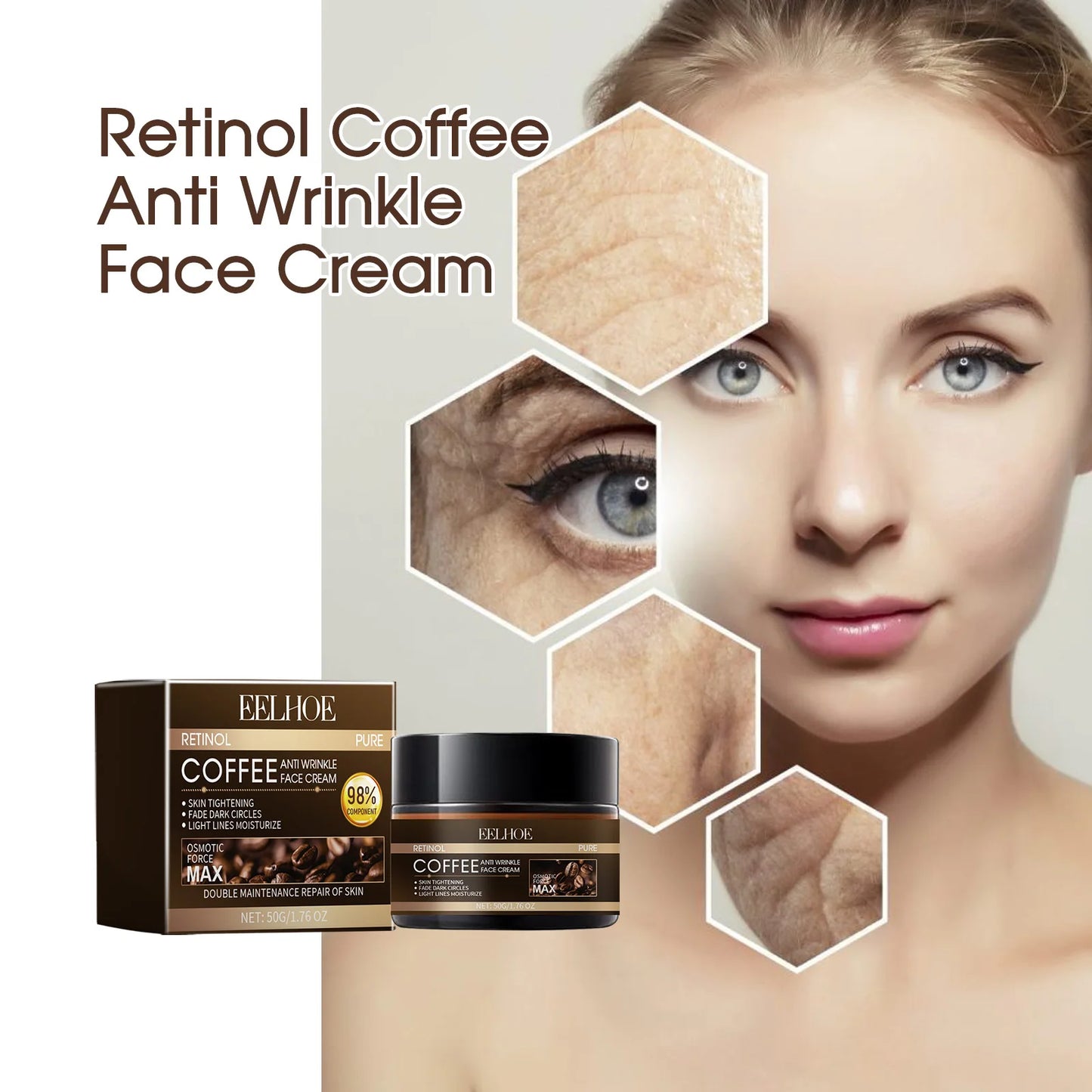 Crème Visage Café & Rétinol EELHOE – Hydratante, Réparatrice & Éclat du Teint (50g)