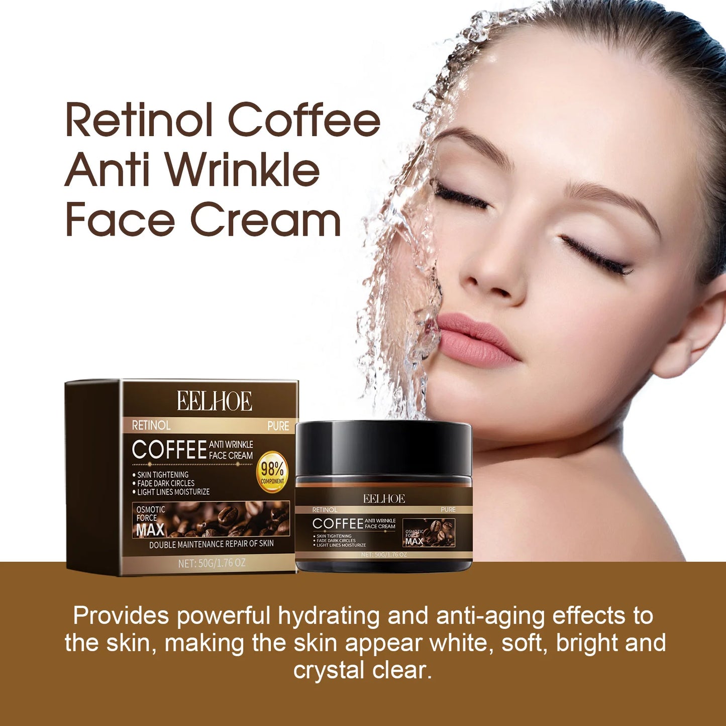 Crème Visage Café & Rétinol EELHOE – Hydratante, Réparatrice & Éclat du Teint (50g)