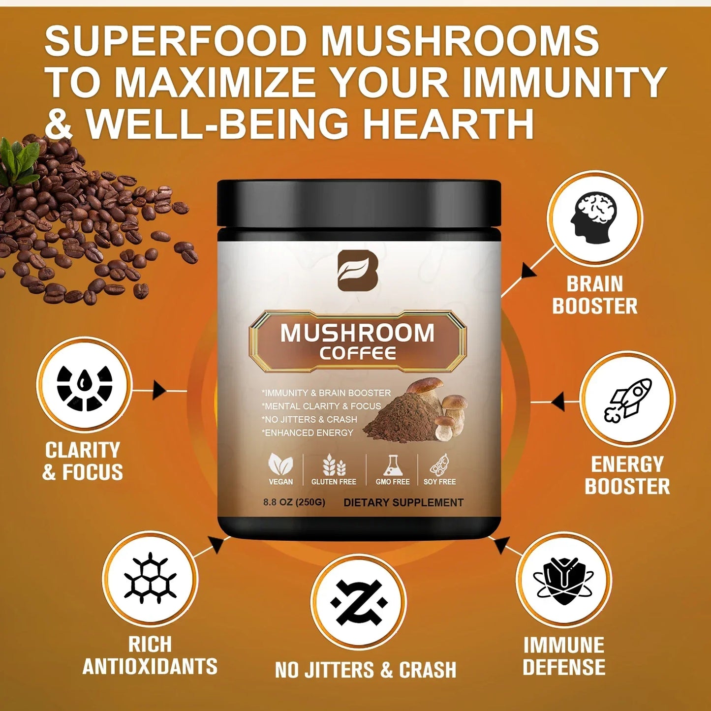 Café aux Champignons 10-en-1 – Superfood Naturelle Sans Caféine + Cuillère Inox Offerte