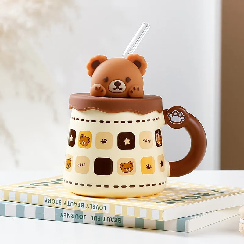 Tasse en Céramique Ours Kawaii avec Couvercle – Grande Capacité pour Café, Lait et Petit-Déjeuner