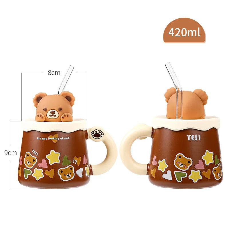 Tasse en Céramique Ours Kawaii avec Couvercle – Grande Capacité pour Café, Lait et Petit-Déjeuner