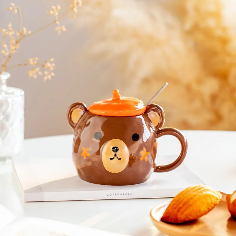Tasse Bear Cartoon en Céramique – Kawaii avec Couvercle & Cuillère | Cadeau Parfait pour Amoureux et Famille