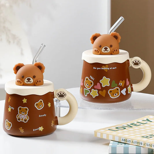 Tasse en Céramique Ours Kawaii avec Couvercle – Grande Capacité pour Café, Lait et Petit-Déjeuner
