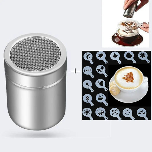 Shaker à Cacao en Inox + 16 Pochoirs – Pour un Café Créatif et Gourmand