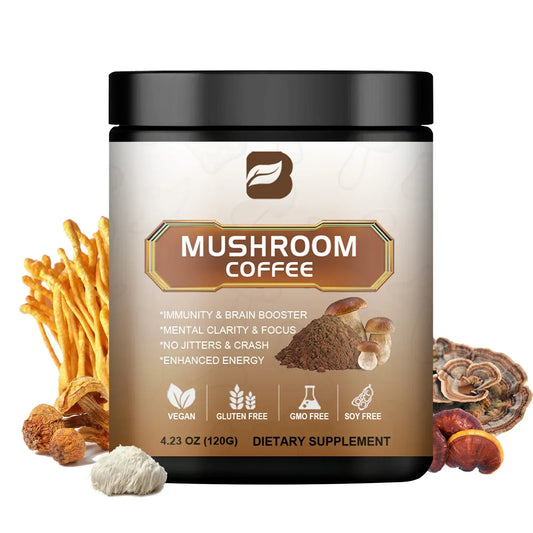Café aux Champignons 10-en-1 – Superfood Naturelle Sans Caféine + Cuillère Inox Offerte