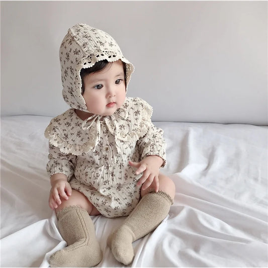 Ensemble Bébé Fille Princesse – Barboteuse à Fleurs avec Col Dentelle + Chapeau | Élégance et Douceur 0–2 Ans