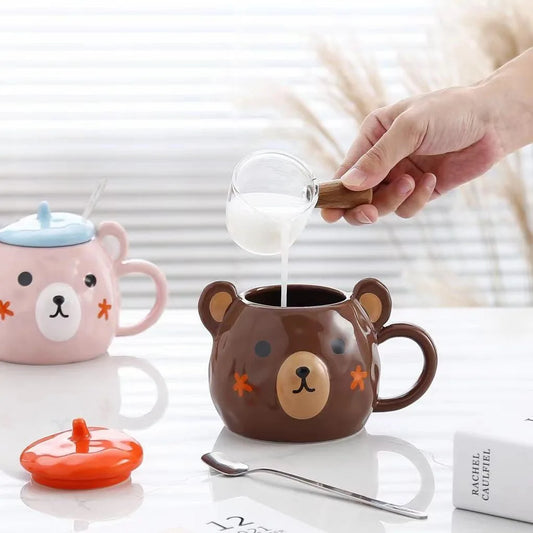Tasse Bear Cartoon en Céramique – Kawaii avec Couvercle & Cuillère | Cadeau Parfait pour Amoureux et Famille