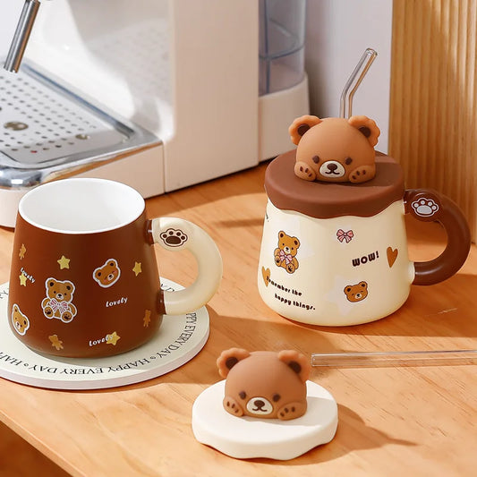 Tasse en Céramique Ours Kawaii avec Couvercle – Grande Capacité pour Café, Lait et Petit-Déjeuner