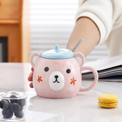Tasse Bear Cartoon en Céramique – Kawaii avec Couvercle & Cuillère | Cadeau Parfait pour Amoureux et Famille