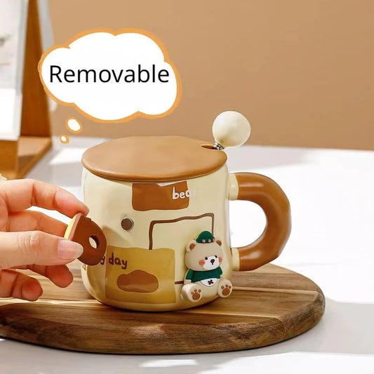 Tasse Cuba-Bear en Céramique Épaissie – Avec Couvercle, Cuillère et Porte-Accessoire Aimanté 3D